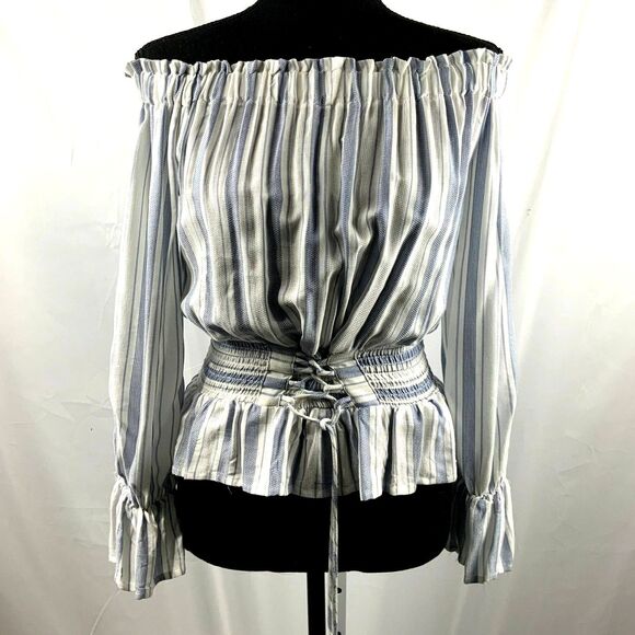 Sage The Label Off Shoulder Blousen Blue Striped 3/4 Sleeve Size XS - Picture 1 of 10